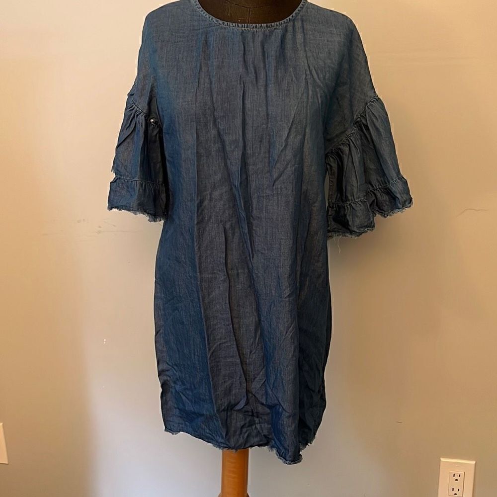 Style Envy Women's Blue Chambray Ruffle Sleeve Frayed Shift Dress